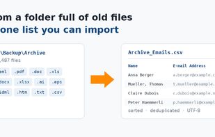 One folder in, one deduplicated CSV out — names and e-mail addresses, written next to the folder that was scanned.