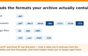 The formats it reads, including the Word 97 and Excel 97 binary formats.