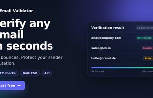 Bulk email verification result with Deliverable, Invalid and Risky statuses.