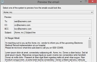The preview screen shows you how the [[tags]] in the templates are replaced with values from the spreadsheet.