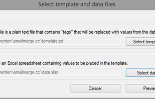 Select which files are your template (Word, plain text or HTML file) and your data (Excel spreadsheet).