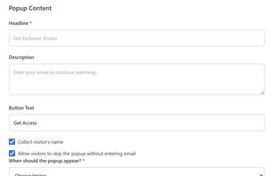 Popup customization available. Colors, text, requirements, and when the popup appears are all options available