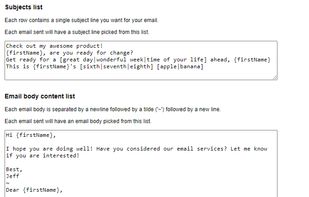 Input your subject lines and email body. Spintax/personalization supported.