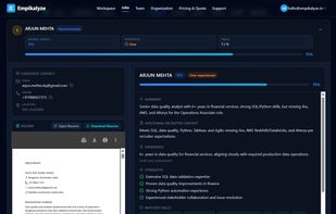 Instant candidate shortlisting dashboard featuring overall match percentages, experience level flags, key strengths, missing skills analysis, and a built-in side-by-side resume previewer.