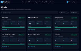 Centralized organization history view allowing recruiters and hiring managers to search, filter, track processing status, and access candidate shortlists across all active and past job requisitions.