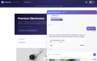 In-chat cart. Shoppers add items and proceed to checkout without leaving the conversation
