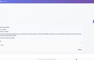 Emporiqa chat widget showing two items in cart with quantities, prices, and total, plus a proceed-to-checkout button