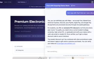 Emporiqa chat widget answering questions about payment methods and student discounts on an e-commerce store
