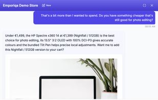Objection handling: asked for something cheaper, it names a lower-priced model from your catalog and why it fits