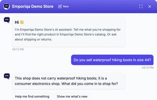 Asked for waterproof hiking boots in size 44, the chat says the shop does not carry them, says it is a consumer electronics shop, and asks what the shopper came in for. It does not invent a product.