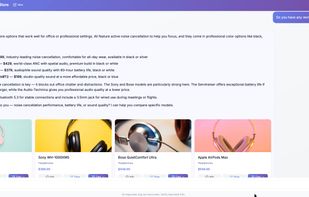 Emporiqa chat widget recommending work-appropriate headphones with product cards showing prices and add-to-cart buttons