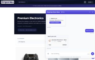 In-chat cart. Shoppers add items and proceed to checkout without leaving the conversation