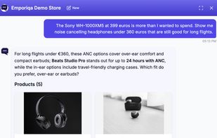 The shopper says 399 euros is more than they wanted to spend. The chat shows headphones under 360 euros from the same catalog and asks whether they prefer over-ear or earbuds.