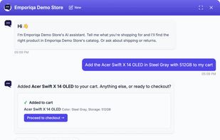 The shopper asks for a laptop in one colour and storage size. The chat adds that variant to the cart and shows a Proceed to checkout button.