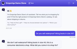 Asked for a product the shop does not sell, it says so and asks what the shopper wants