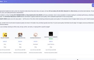 Emporiqa chat widget comparing four headphones side by side in a table with prices, brands, battery life, and materials