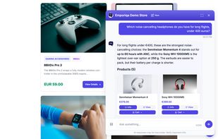 Asked for noise cancelling headphones for long flights under 400 euros, the chat names two from the store's catalog, gives a reason for each, and shows both as product cards with photo, price and a Cart button.