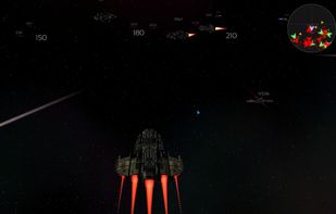 Main screen view from a cruiser near a station being attacked by two enemy cruisers