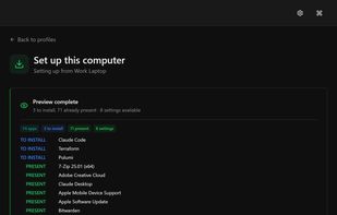 Review the setup plan, select which missing applications and supported settings to restore, and apply the changes.