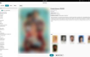 "Detailed VOD information screen with TMDb integration, showing movie posters, cast, and descriptions."