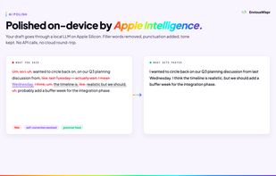 Choose your polish provider. Apple Intelligence and Ollama run fully on-device; OpenAI and Anthropic are opt-in cloud options. Default keeps everything local.