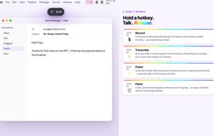 Hold the hotkey, speak, release. The compact overlay shows live audio levels while transcription runs on the Apple Neural Engine.