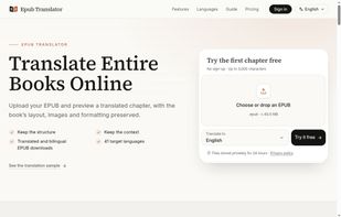 Public EPUB upload and free-preview interface on epubtranslator.com, showing target-language selection and the 3,000-character preview limit.