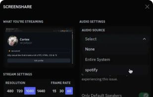 A dialog showing screenshare options
