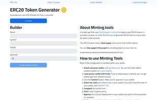 Minting.tools homepage, with the ERC20 token generator form displayed.