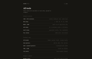 The full tool directory, grouped by category: Network & security, Encoding & data, and Windows & commands.