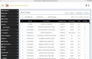 The eSales Analyst Stock Details screen provides a complete real-time view of product inventory, including item names, categories, purchase and sale prices, current stock levels, minimum stock alerts, and warehouse locations. It helps businesses track stock efficiently and avoid shortages or overstock issues.
