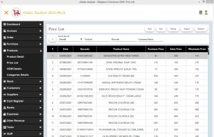 The eSales Analyst Price List screen provides a clear view of all product prices, including retail, wholesale, and purchase rates. Users can quickly filter, update, and manage pricing across multiple categories. This screen helps businesses maintain accurate price structures and ensure consistent billing.