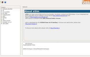 eSim main window provides frontend to create projects for drawing schematic,PCB layout and doing circuit simulation.