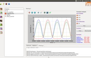 Apart from Ngspice plot eSim provides an interactive plotting frontend where user can select nodes or branch and plot voltage or current respectively.