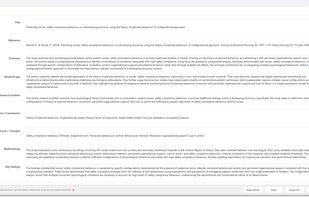 Structured article analysis view displaying summary, research gap, problem statement, theories, constructs, methodology and key findings generated for each journal article.