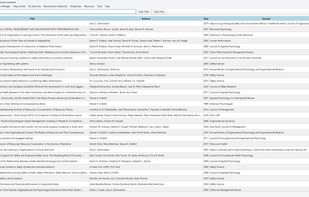 Main window showing the article library with a keyword filter and sortable columns such as title, authors, year and journal.