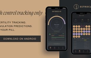 Estroclic marketing overview detailing a privacy-focused user experience with no intrusive fertility tracking or ovulation predictions. Shows clean UI screens mapping out pill cycles and dynamic reminder tracking.