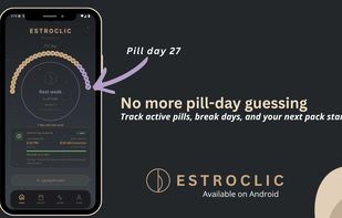Estroclic promotional graphic showing a organized pill pack calendar view. Text emphasizes organized history tracking for missed pills, exact taking times, and completed pack progress.