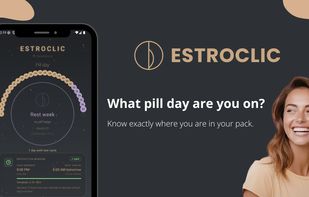 Estroclic promotional banner displaying a modern smartphone mockup with the dark mode user interface. Bold heading asks "What pill day are you on?" to emphasize how the app accurately tracks active pill cycles and rest periods.