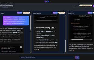 EVA's MultiChat feature running the same coding prompt across GPT-5.2 Pro, Claude Opus 4.5, and Gemini 3 Pro simultaneously — outputs displayed side by side for instant comparison.