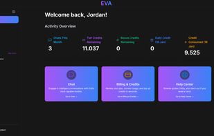 EVA dashboard showing activity overview with credit tracking — Tier Credits, Bonus Credits, Daily Credits, and usage stats. Quick access to Chat, Billing & Credits, and Help Center modules.