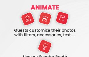 Eventer allows you to animate your event with many features: real-time projection on a big screen, photobooth, filters, animations, accessories, texts, ...