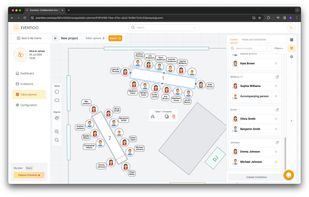 Table planner view with objects and rectangular tables with guest list on the right