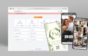 Eventocam platform workflow. Background: Dashboard for event management and media downloads. Foreground: Printed QR code for access, mobile browser upload interface, and the shared gallery view on smartphones.