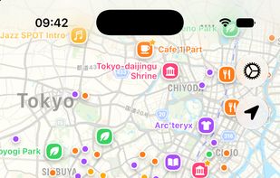 Saved places are displayed on the map and as a list