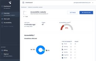 Dashboard of ExcellentWebCheck, with a 31% accessibility score and a pie chart with highlighting who is impacted by the accessibility violation