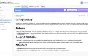 AI distills the full discussion into a validated solution with meeting summary, decisions, blockers, and prioritized action items.