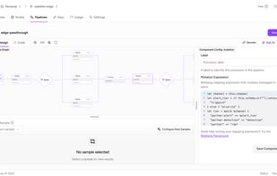 Visual pipeline builder: design pipelines as a graph, route data with switch logic, edit a selected node's properties in the side panel, and test with sample data.
