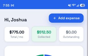 Bills dashboard with monthly total, collected, and outstanding balances, plus a spend breakdown by bill.