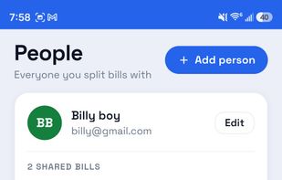 People tab showing each person's linked bills, dollar share, and percentage split.